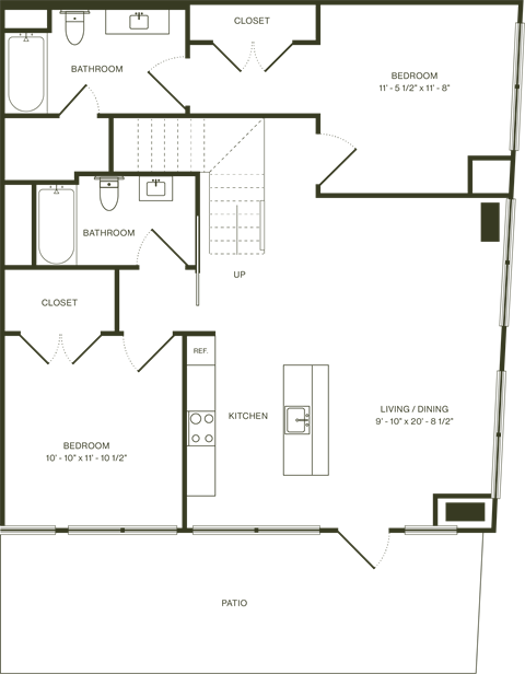 Floor plan for 2 beds, 2.5 baths, 1397 sqft